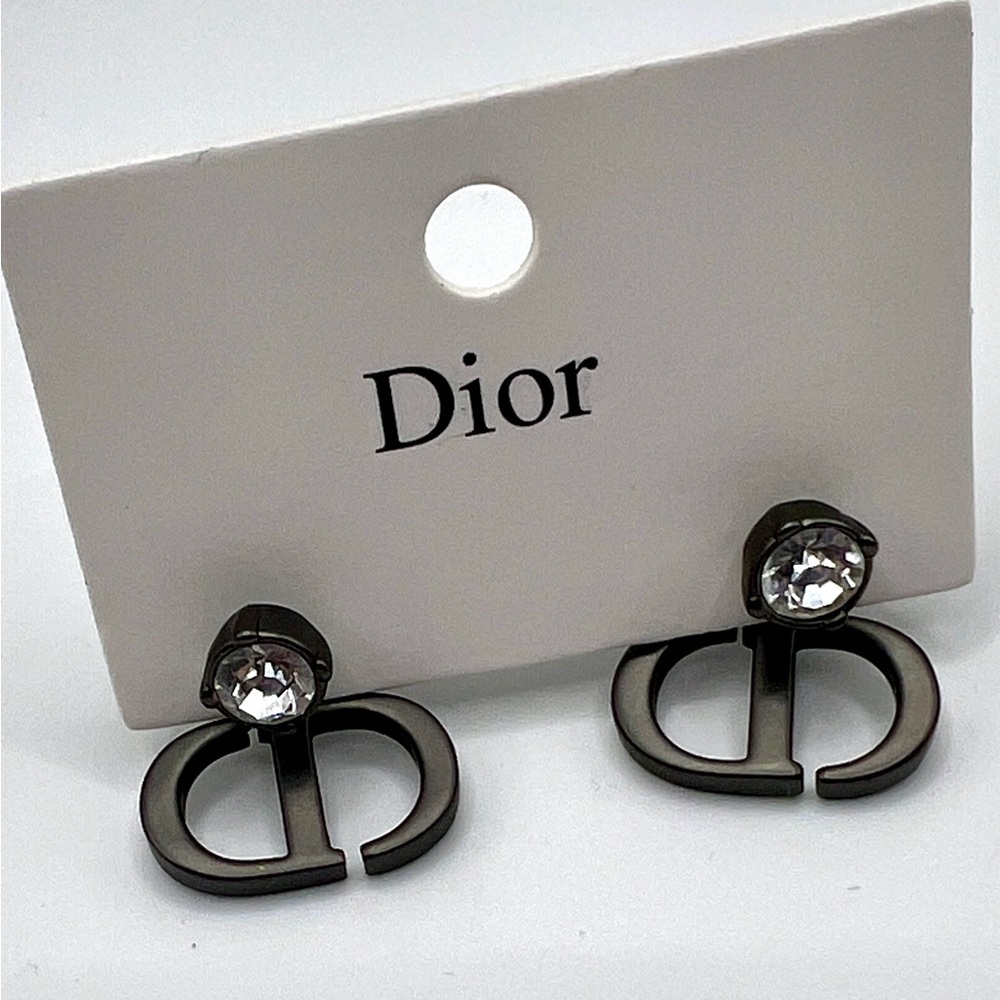 BN Dior CD Logo Earrings Gunmetal Crystal + Gray Pearl Post Backs –Holiday Ready